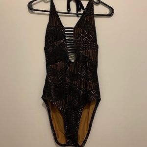 Black and Tan One Piece Bathing Suit